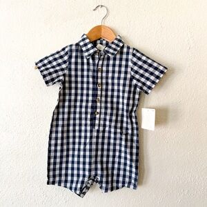 Starting Out Baby Boys Navy Blue Gingham Button Down Romper